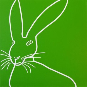 Hare - Linocut, green ink, by Jane Bristowe