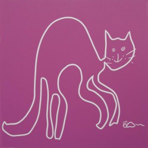 Cat and Mouse- Linocut, dark pink ink, by Jane Bristowe