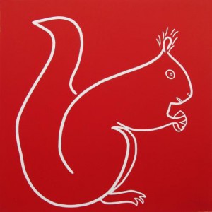 Red Squirrel - Linocut, red ink, by Jane Bristowe