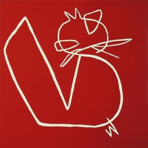 Red cat - Linocut, red ink, by Jane Bristowe