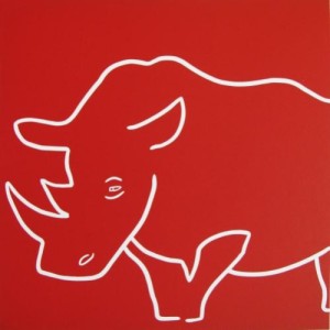 Rhino Sleepy - Linocut, red ink, by Jane Bristowe