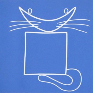 Square cat - 1 - Linocut, blue ink, by Jane Bristowe