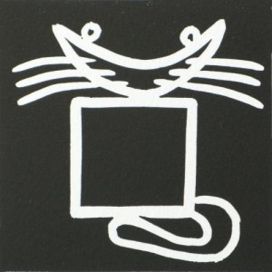 Black Square cat  - Linocut, black ink, by Jane Bristowe
