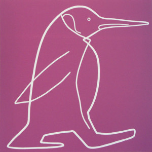 penguin 2 - Linocut, purply pink ink, by Jane Bristowe