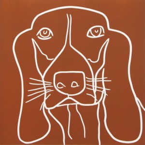 Basset 2 Hound Dog - Linocut, brown ink, by Jane Bristowe