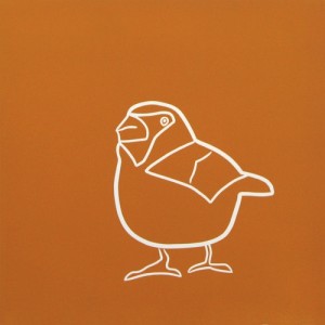 Hawfinch - Linocut, orange ink, by Jane Bristowe