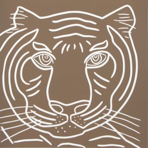Tiger Close-Up - Linocut, Indian, light brown ink, by Jane Bristowe