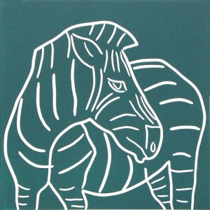 Zebra Turning - Linocut, blue-green ink, by Jane Bristowe
