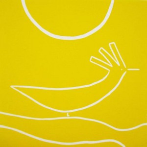 Sunbird - Linocut, yellow ink, by Jane Bristowe