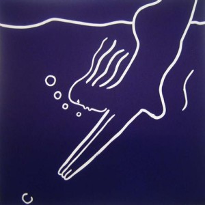 Woman Diving - Linocut, blue ink, by Jane Bristowe