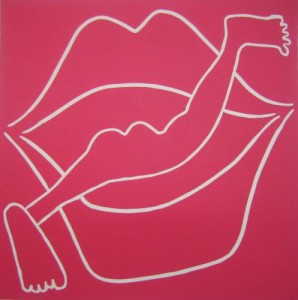 Diving into Mouth - Linocut, pink ink, by Jane Bristowe