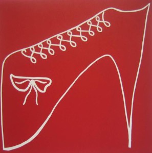 Red Shoe - Linocut, red ink, by Jane Bristowe