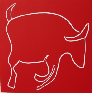 Running Bull - Linocut, red ink, by Jane Bristowe