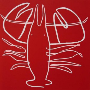 Lobster - Linocut, red ink, by Jane Bristowe