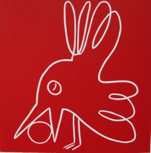 Bird and ball - Linocut, red ink, by Jane Bristowe