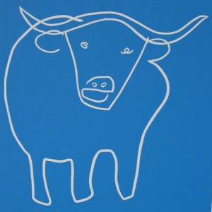 Standing Bull - Linocut, blue ink, by Jane Bristowe