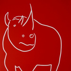 Rhino side on - Linocut, red ink, by Jane Bristowe