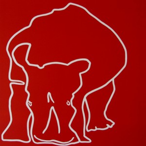 Rhino head down - Linocut, red ink, by Jane Bristowe