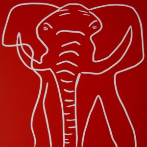 Elephant 2 - Linocut, red ink, by Jane Bristowe