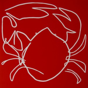 Crab - Linocut, red ink, by Jane Bristowe