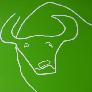 Bull's Head - Linocut, green ink, by Jane Bristowe