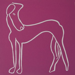 Eve, greyhound dog - Linocut, plum ink, by Jane Bristowe