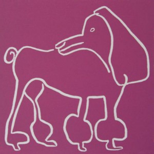 Coco, poodle dog - Linocut, plum ink, by Jane Bristowe