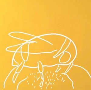 Bee - Linocut, yellow ink, by Jane Bristowe