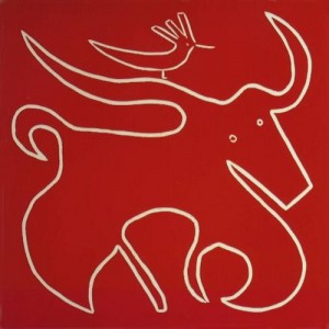 Bull and Bird - Linocut, red ink, by Jane Bristowe