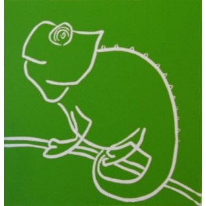 Chameleon - Linocut, green ink, by Jane Bristowe