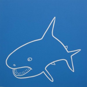 Shark - Linocut, blue ink, by Jane Bristowe