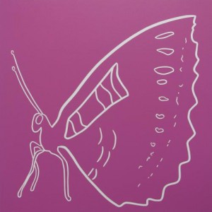 Butterfly side on - Linocut, plum pink, by Jane Bristowe
