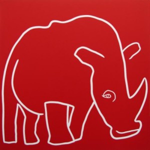 Rhino One Horn - Linocut, red ink, by Jane Bristowe