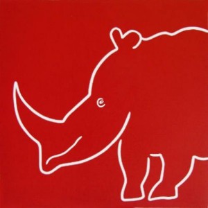 Rhino Smiling - Linocut, red ink, by Jane Bristowe