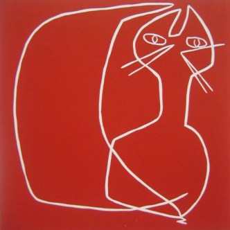Cat 2 - Linocut, red ink, by Jane Bristowe