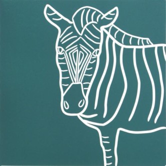 Zebra 2 - Linocut, blue-green ink, by Jane Bristowe