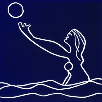 Woman in Pool - Linocut, blue ink, by Jane Bristowe
