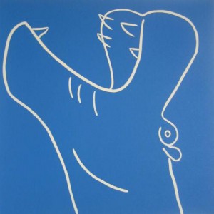 Hippotamus - Linocut, blue ink, by Jane Bristowe