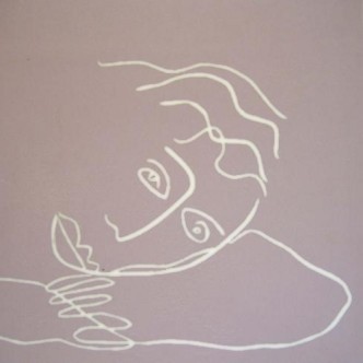 Dreaming woman - Linocut, pink ink, by Jane Bristowe