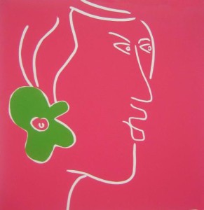Tahitian woman - Linocut, pink ink, by Jane Bristowe