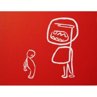 Scolding - Linocut, red ink, by Jane Bristowe