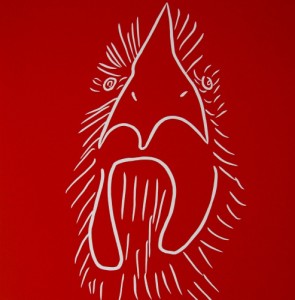 Cockerel Startled - Linocut, red ink, by Jane Bristowe