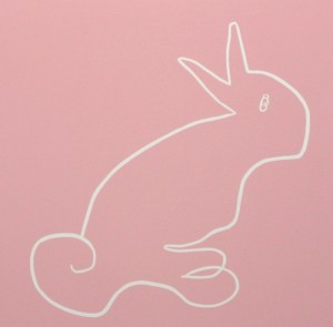 Rabbit - Linocut, pink ink, by Jane Bristowe
