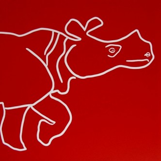 Rhino Walk - Linocut, red ink, by Jane Bristowe