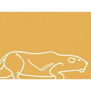 Lioness Stalking - Linocut, mustard yellow ink, by Jane Bristowe
