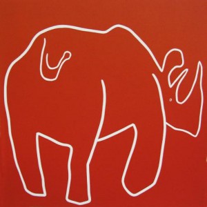 Rhino Backside - Linocut, red ink, by Jane Bristowe